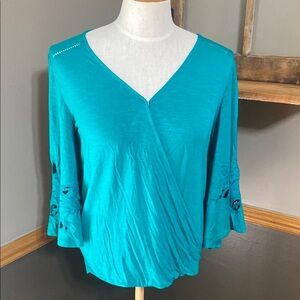Maurices turquoise Teal V-Neck Wrap Top with bell cut out sleeves size S